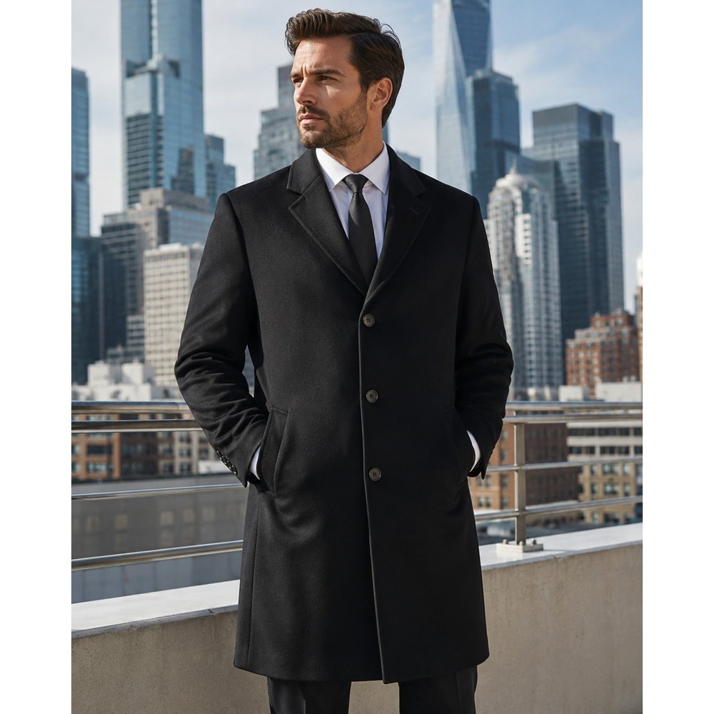 Michael Kors Mens 46L Black Wool Cashmere Blend Overcoat Long Dress Coat 3629